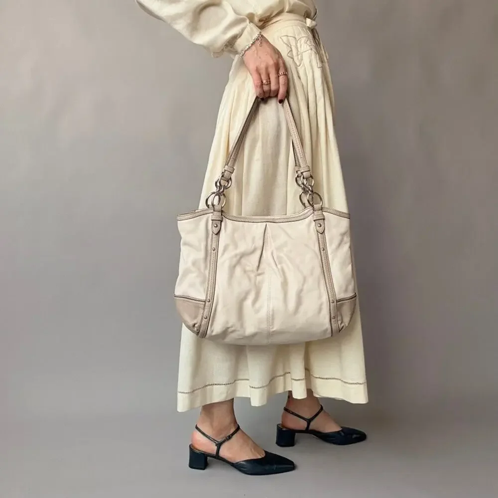 Vintage Coach Alexandra F20812 Cream & Taupe Leather Shoulder Tote